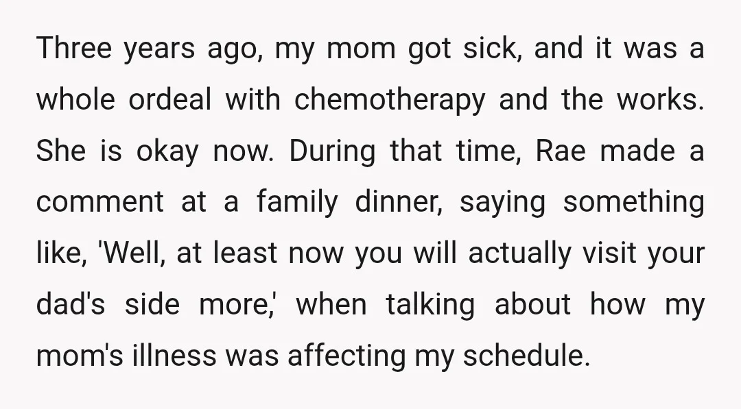 Three years ago, my mom got sick, and it was a whole ordeal with chemotherapy and the works. She is okay now. During that time, Rae made a comment at...