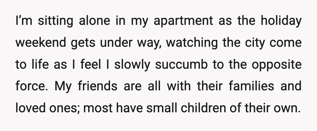 I’m sitting alone in my apartment as the holiday weekend gets under way, watching the city come to life as I feel I slowly succumb to the opposite force. My...