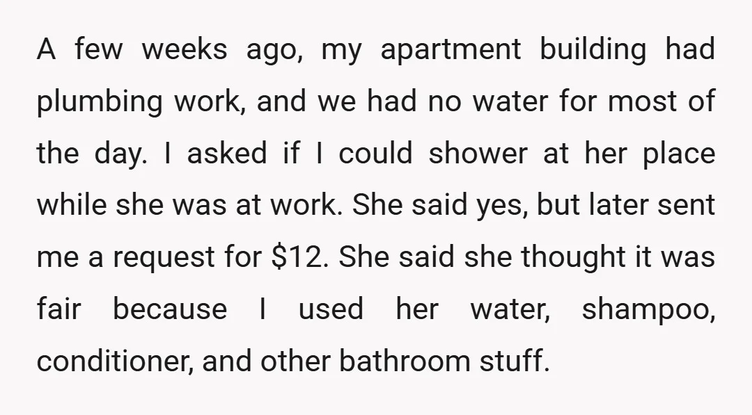 A few weeks ago, my apartment building had plumbing work, and we had no water for most of the day. I asked if I could shower at her place while...
