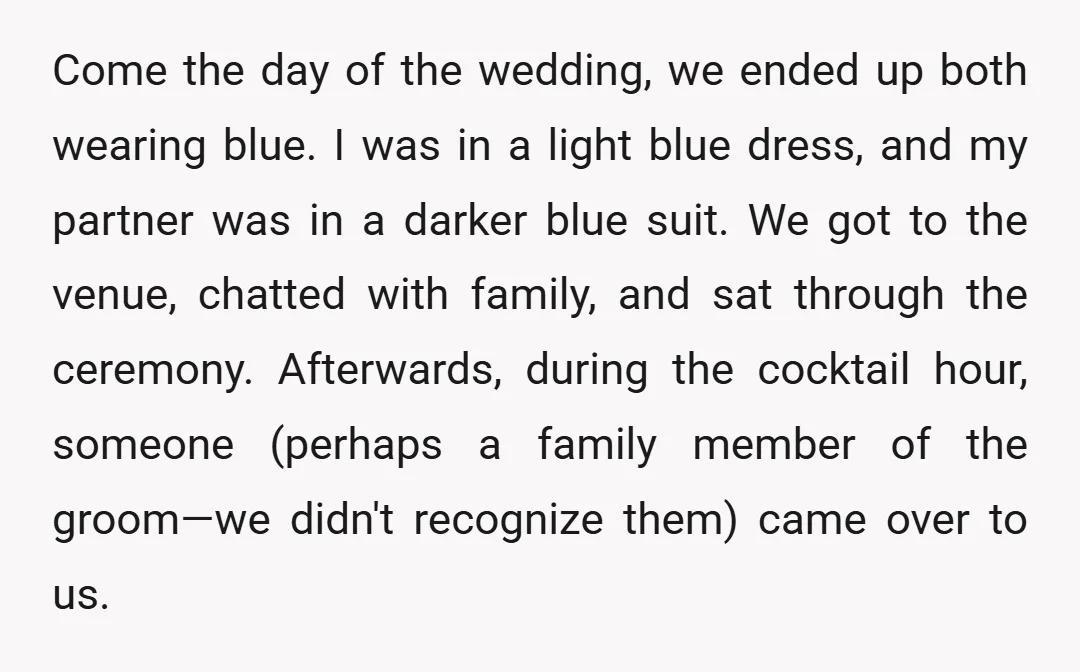 Come the day of the wedding, we ended up both wearing blue. I was in a light blue dress, and my partner was in a darker blue suit. We got...