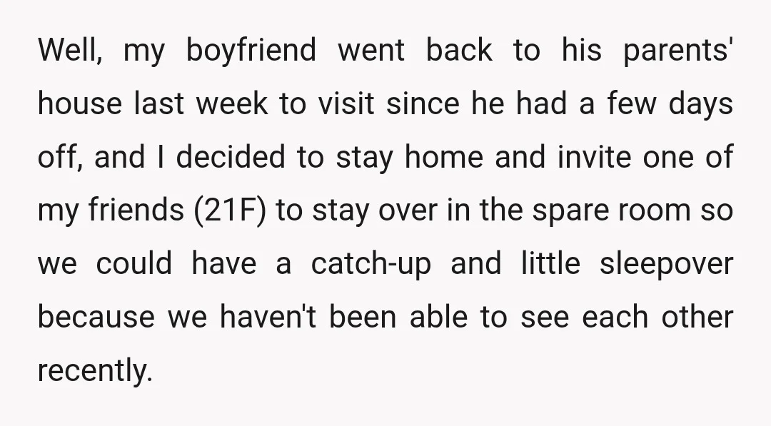 Well, my boyfriend went back to his parents' house last week to visit since he had a few days off, and I decided to stay home and invite one of...