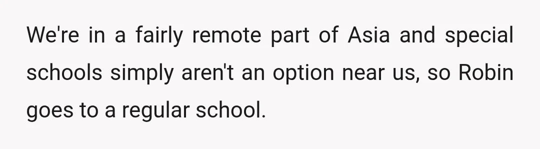 We're in a fairly remote part of Asia and special schools simply aren't an option near us, so Robin goes to a regular school.