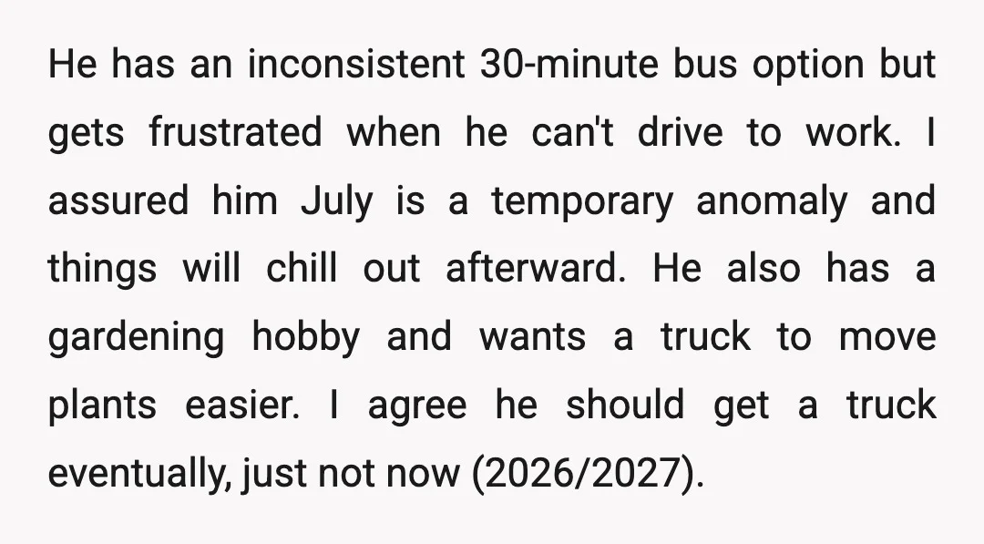He has an inconsistent 30-minute bus option but gets frustrated when he can't drive to work. I assured him July is a temporary anomaly and things will chill out afterward....
