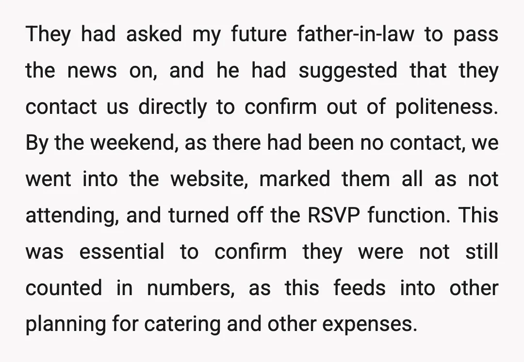 They had asked my future father-in-law to pass the news on, and he had suggested that they contact us directly to confirm out of politeness. By the weekend, as there...
