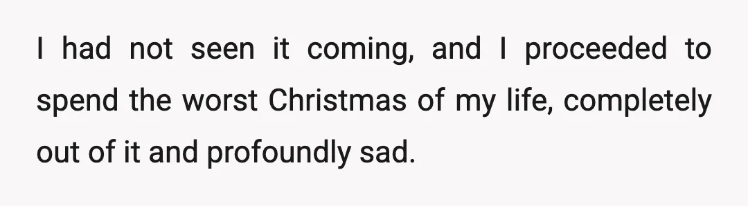 I had not seen it coming, and I proceeded to spend the worst Christmas of my life, completely out of it and profoundly sad.