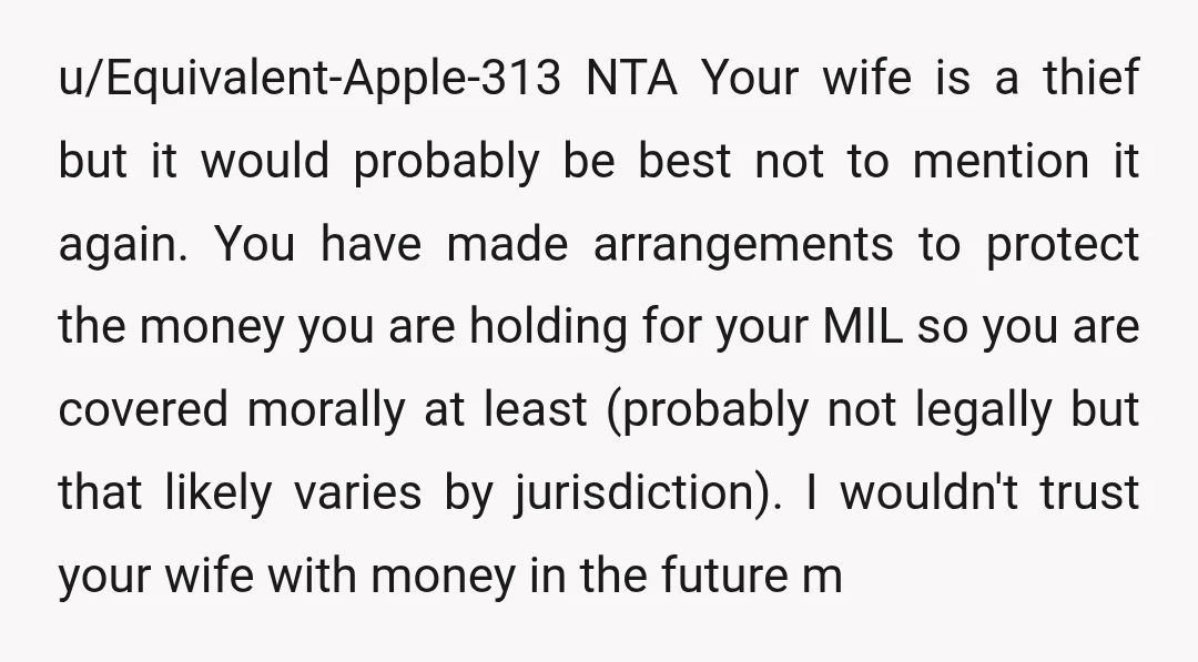 u/Equivalent-Apple-313 NTA Your wife is a thief but it would probably be best not to mention it again.  You have made arrangements to protect the money you are holding for...