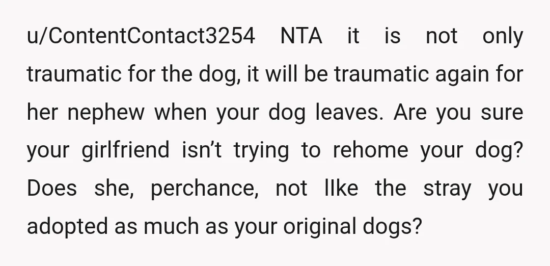 u/ContentContact3254 NTA it is not only traumatic for the dog, it will be traumatic again for her nephew when your dog leaves. Are you sure your girlfriend isn’t trying to...