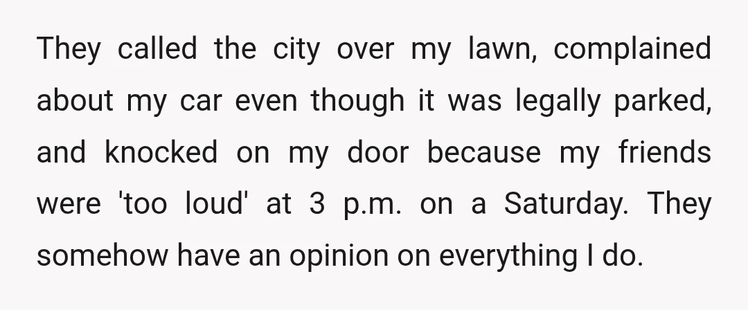 They called the city over my lawn, complained about my car even though it was legally parked, and knocked on my door because my friends were 'too loud' at 3...