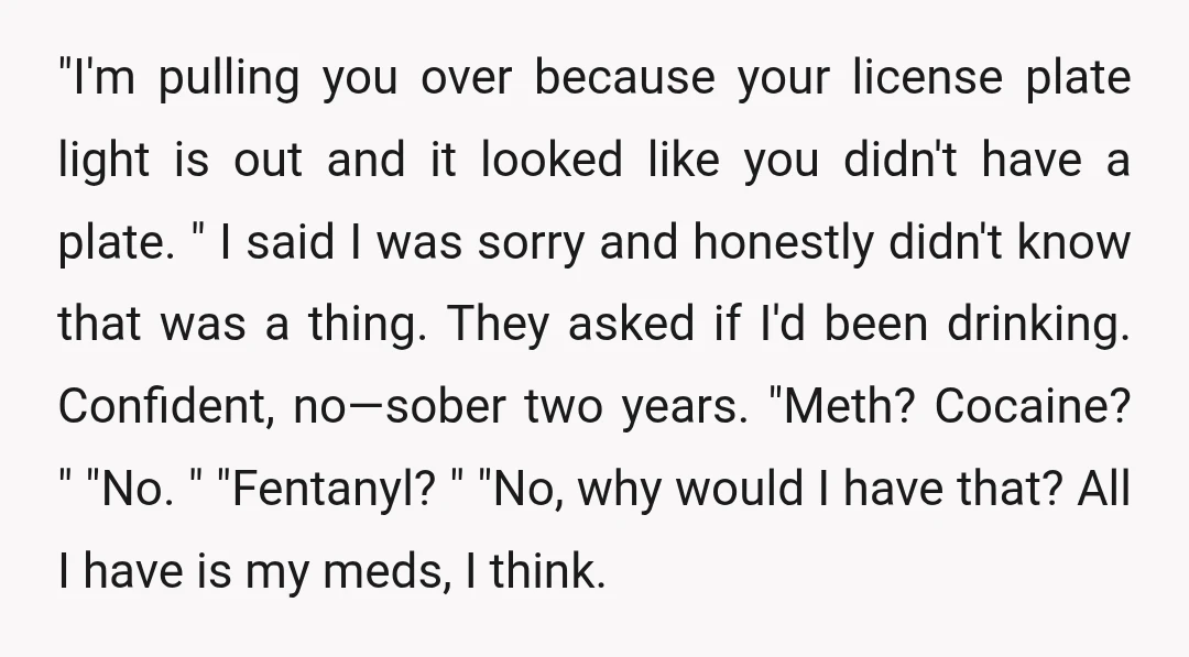 "I'm pulling you over because your license plate light is out and it looked like you didn't have a plate. " I said I was sorry and honestly didn't know...
