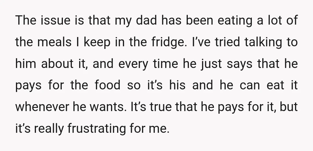 The issue is that my dad has been eating a lot of the meals I keep in the fridge. I’ve tried talking to him about it, and every time he...