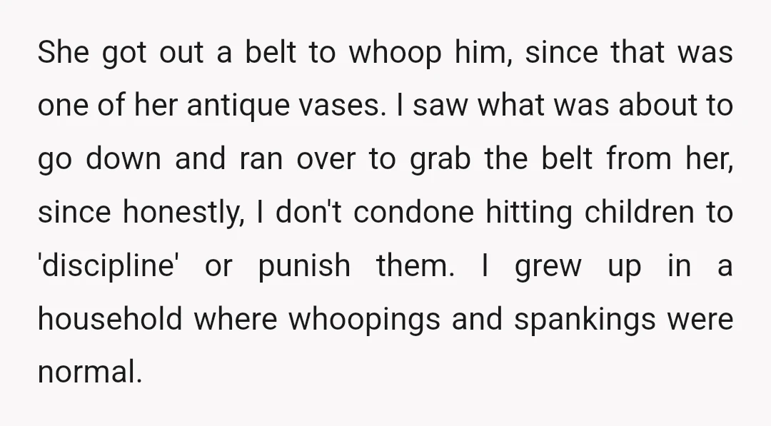 She got out a belt to whoop him, since that was one of her antique vases. I saw what was about to go down and ran over to grab the...