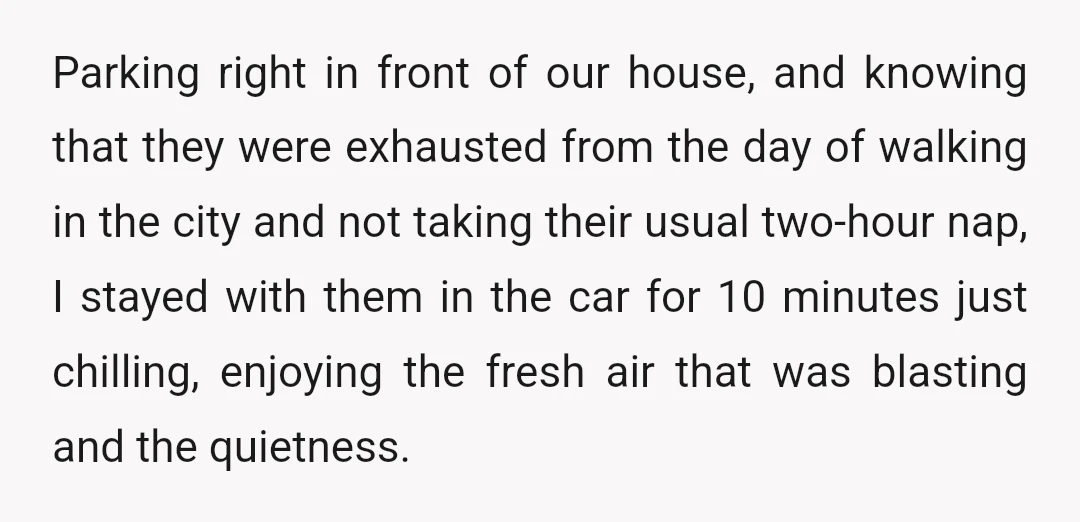 Parking right in front of our house, and knowing that they were exhausted from the day of walking in the city and not taking their usual two-hour nap, I stayed...