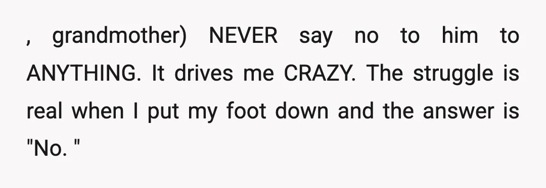 , grandmother) NEVER say no to him to ANYTHING. It drives me CRAZY. The struggle is real when I put my foot down and the answer is "No. "