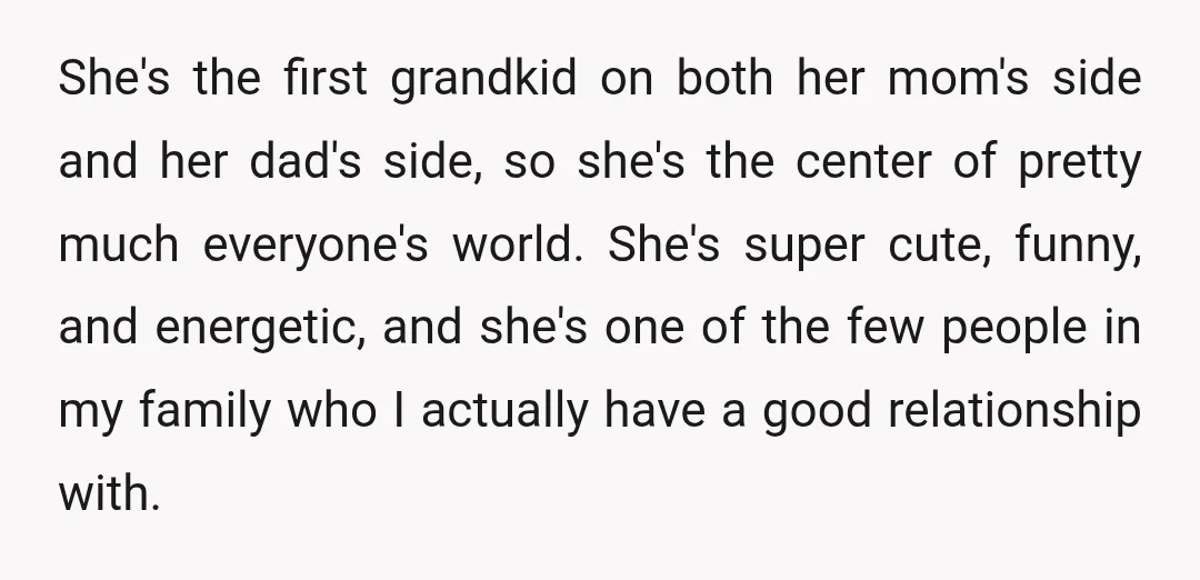 She's the first grandkid on both her mom's side and her dad's side, so she's the center of pretty much everyone's world. She's super cute, funny, and energetic, and she's...