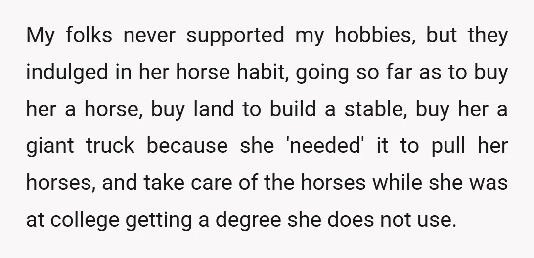 My folks never supported my hobbies, but they indulged in her horse habit, going so far as to buy her a horse, buy land to build a stable, buy her...