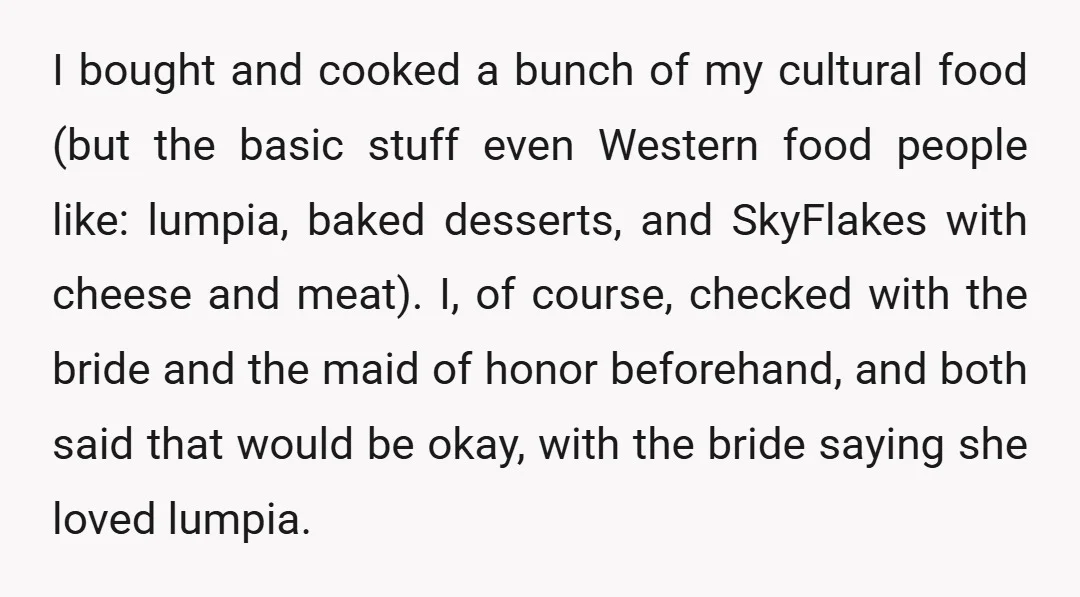 I bought and cooked a bunch of my cultural food (but the basic stuff even Western food people like: lumpia, baked desserts, and SkyFlakes with cheese and meat). I, of...