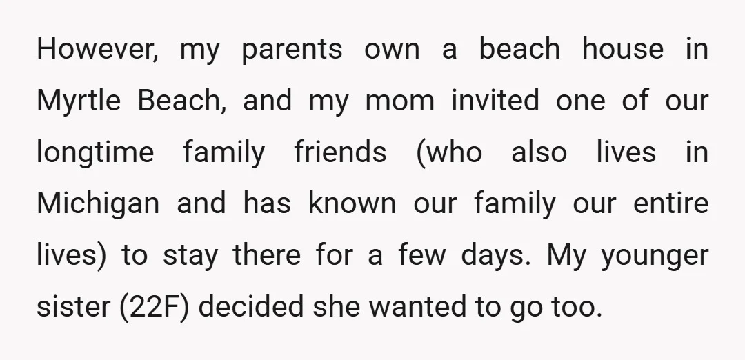 However, my parents own a beach house in Myrtle Beach, and my mom invited one of our longtime family friends (who also lives in Michigan and has known our family...