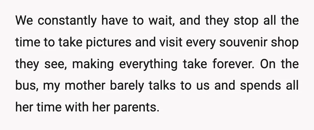 We constantly have to wait, and they stop all the time to take pictures and visit every souvenir shop they see, making everything take forever. On the bus, my mother...