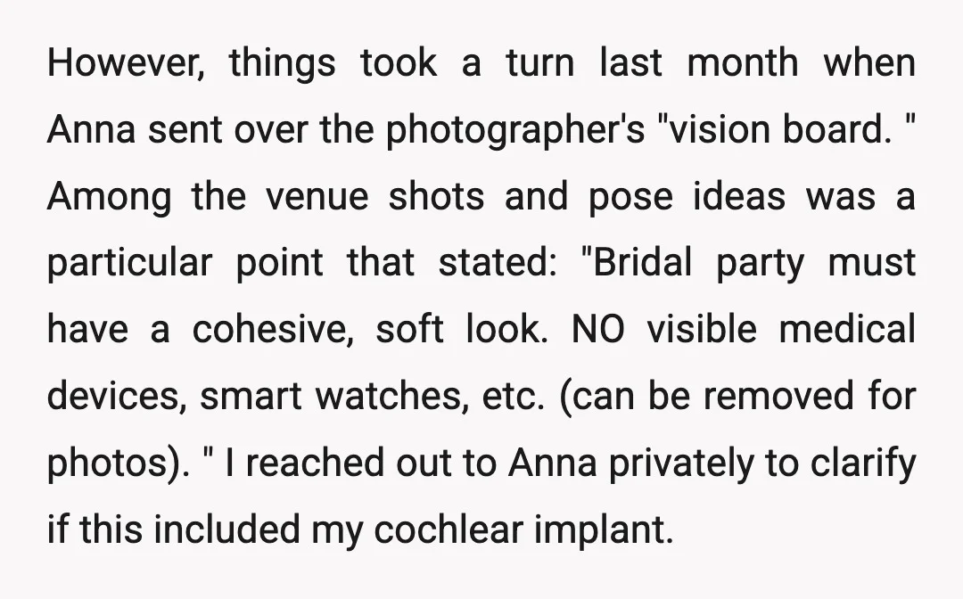 However, things took a turn last month when Anna sent over the photographer's "vision board. " Among the venue shots and pose ideas was a particular point that stated: "Bridal...