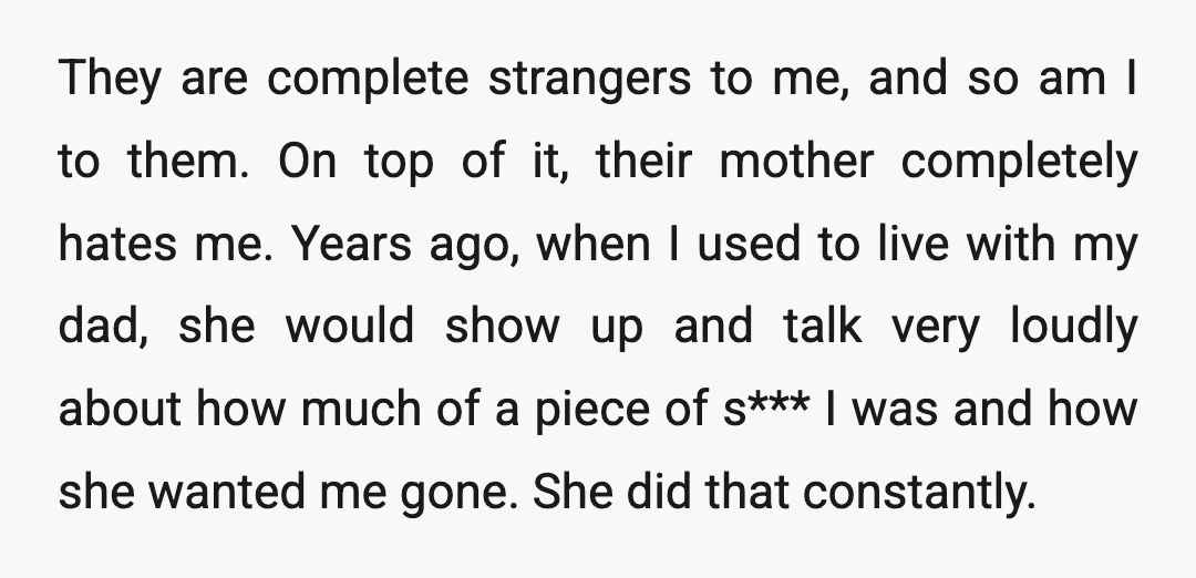 They are complete strangers to me, and so am I to them. On top of it, their mother completely hates me. Years ago, when I used to live with my...