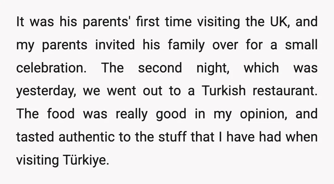 It was his parents' first time visiting the UK, and my parents invited his family over for a small celebration. The second night, which was yesterday, we went out to...