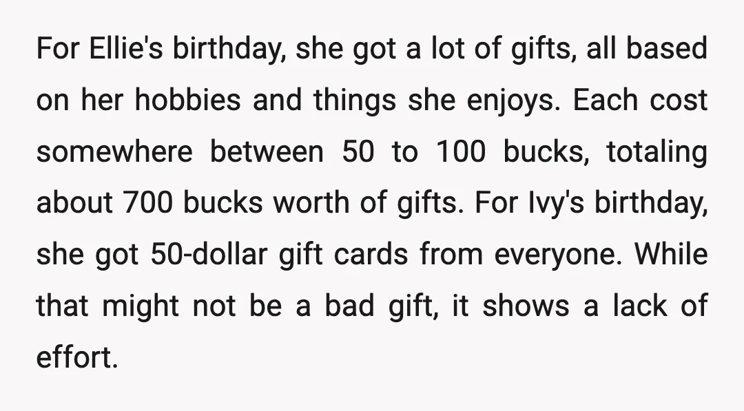 For Ellie's birthday, she got a lot of gifts, all based on her hobbies and things she enjoys. Each cost somewhere between 50 to 100 bucks, totaling about 700 bucks...
