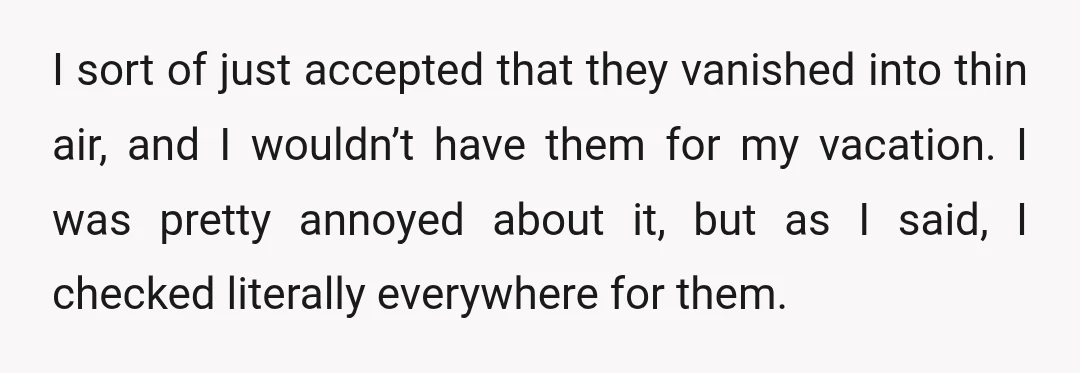 I sort of just accepted that they vanished into thin air, and I wouldn’t have them for my vacation. I was pretty annoyed about it, but as I said, I...