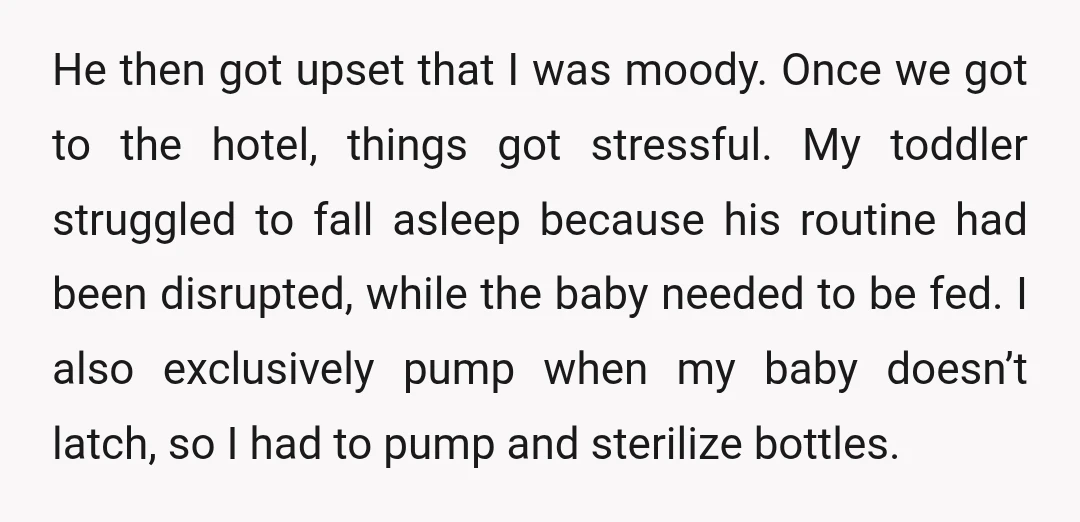 He then got upset that I was moody. Once we got to the hotel, things got stressful. My toddler struggled to fall asleep because his routine had been disrupted, while...