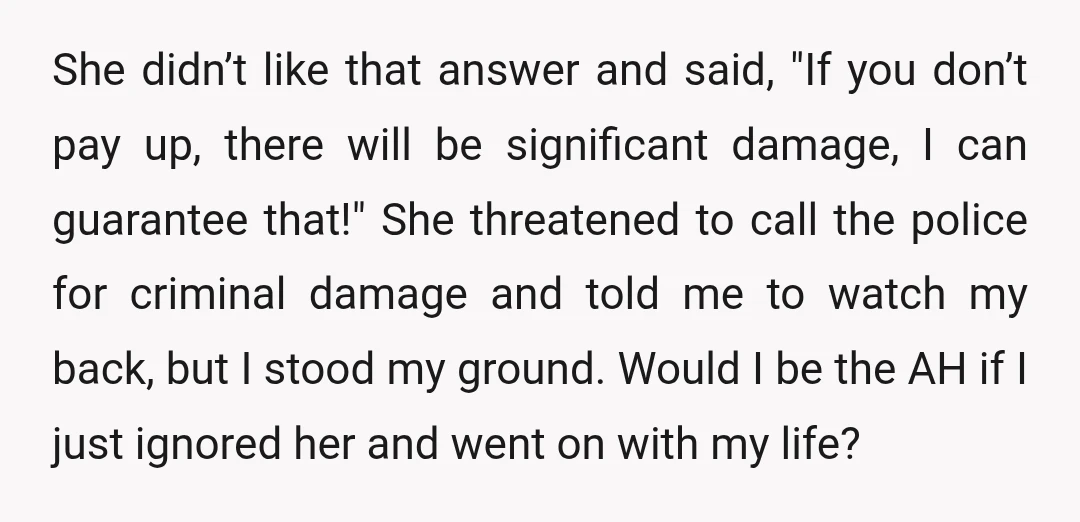 She didn’t like that answer and said, "If you don’t pay up, there will be significant damage, I can guarantee that!" She threatened to call the police for criminal damage...