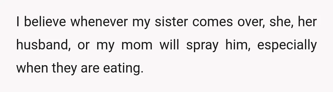 I believe whenever my sister comes over, she, her husband, or my mom will spray him, especially when they are eating.
