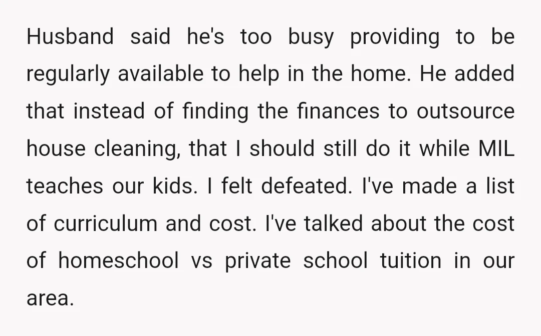 Husband said he's too busy providing to be regularly available to help in the home. He added that instead of finding the finances to outsource house cleaning, that I should...