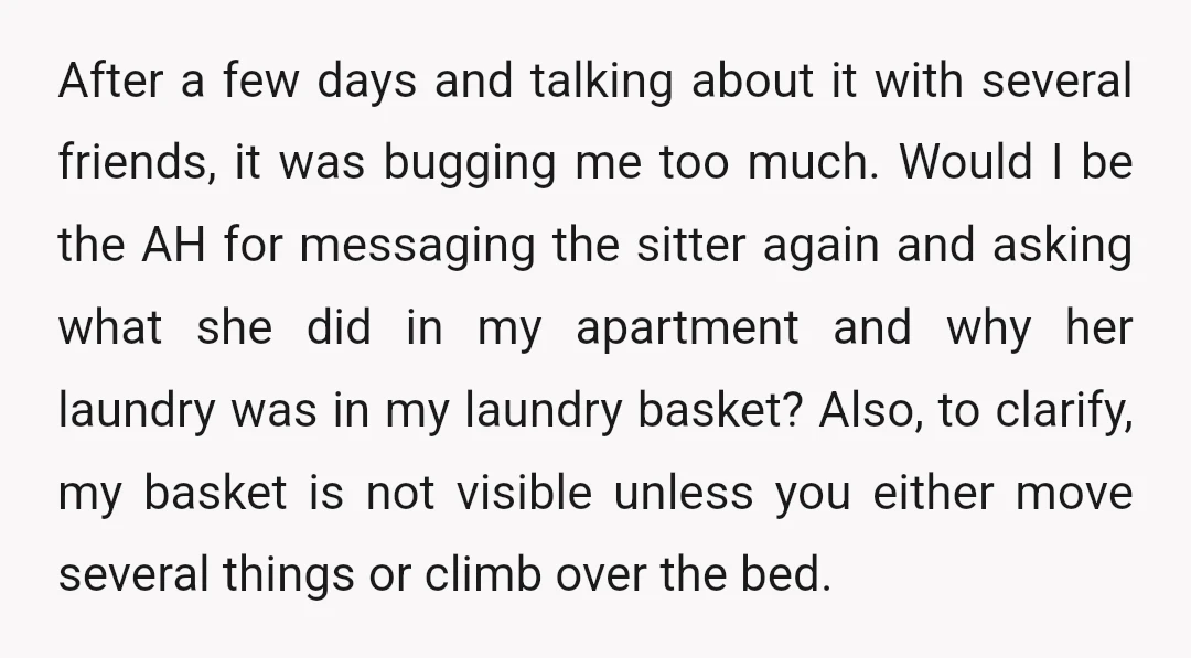 After a few days and talking about it with several friends, it was bugging me too much. Would I be the AH for messaging the sitter again and asking what...