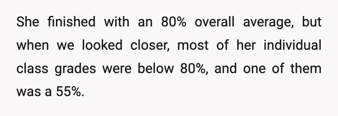She finished with an 80% overall average, but when we looked closer, most of her individual class grades were below 80%, and one of them was a 55%.