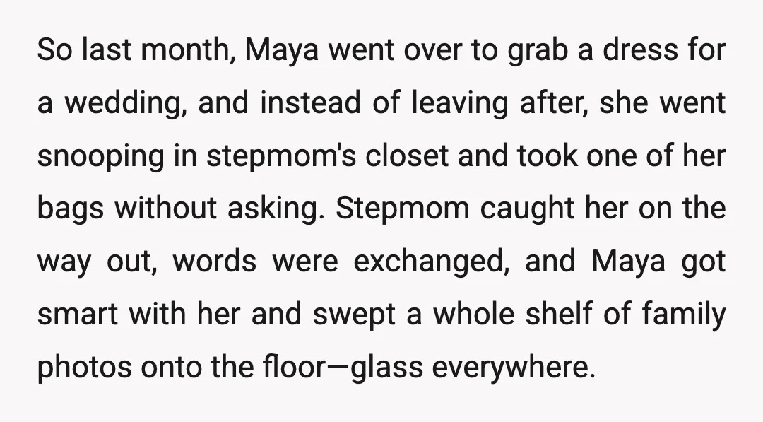 So last month, Maya went over to grab a dress for a wedding, and instead of leaving after, she went snooping in stepmom's closet and took one of her bags...