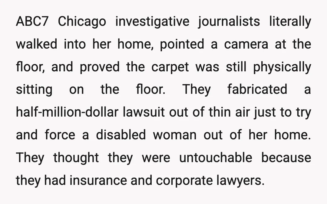 ABC7 Chicago investigative journalists literally walked into her home, pointed a camera at the floor, and proved the carpet was still physically sitting on the floor. They fabricated a half-million-dollar...