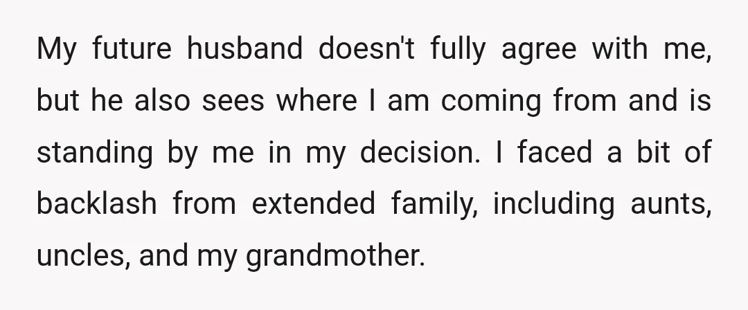 My future husband doesn't fully agree with me, but he also sees where I am coming from and is standing by me in my decision. I faced a bit of...