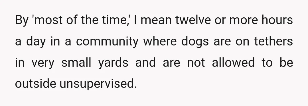 By 'most of the time,' I mean twelve or more hours a day in a community where dogs are on tethers in very small yards and are not allowed to...