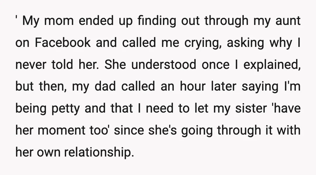 ' My mom ended up finding out through my aunt on Facebook and called me crying, asking why I never told her. She understood once I explained, but then, my...