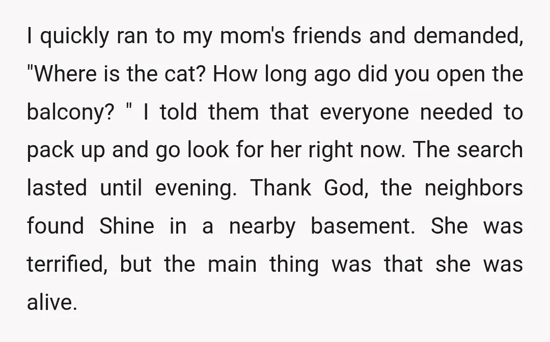 I quickly ran to my mom's friends and demanded, "Where is the cat? How long ago did you open the balcony? " I told them that everyone needed to pack...