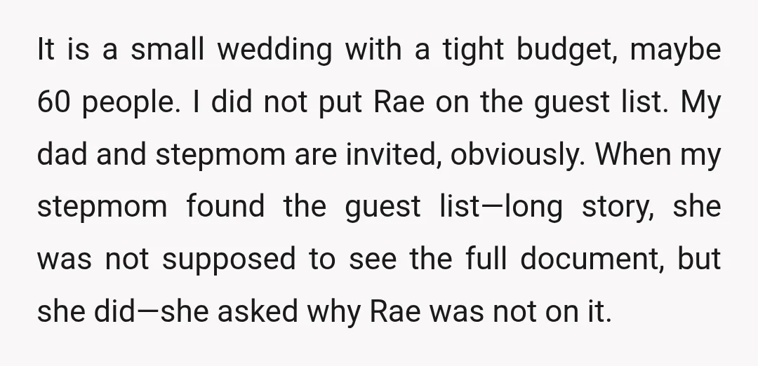 It is a small wedding with a tight budget, maybe 60 people. I did not put Rae on the guest list. My dad and stepmom are invited, obviously. When my...