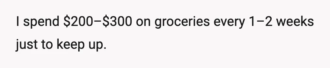 I spend $200–$300 on groceries every 1–2 weeks just to keep up.