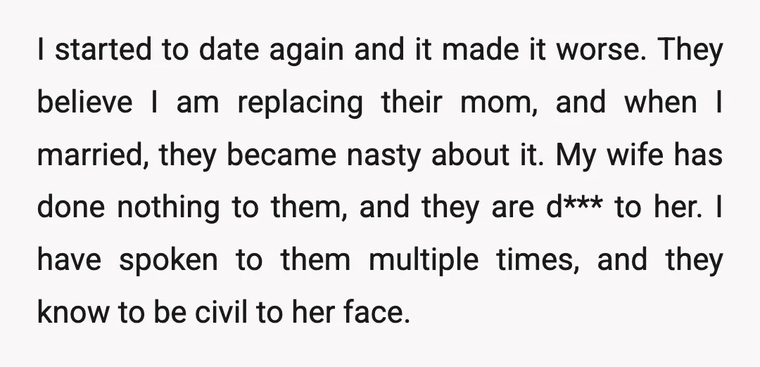 I started to date again and it made it worse. They believe I am replacing their mom, and when I married, they became nasty about it. My wife has done...