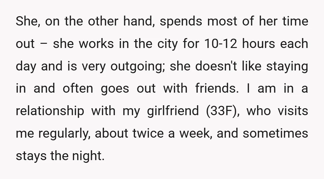 She, on the other hand, spends most of her time out – she works in the city for 10-12 hours each day and is very outgoing; she doesn't like staying...