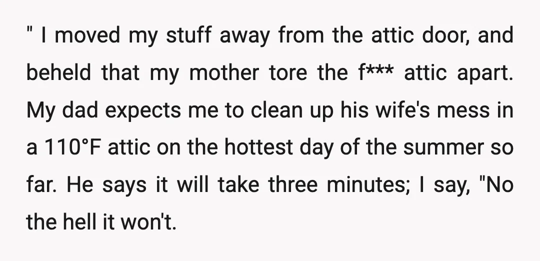 " I moved my stuff away from the attic door, and beheld that my mother tore the f*** attic apart. My dad expects me to clean up his wife's mess...