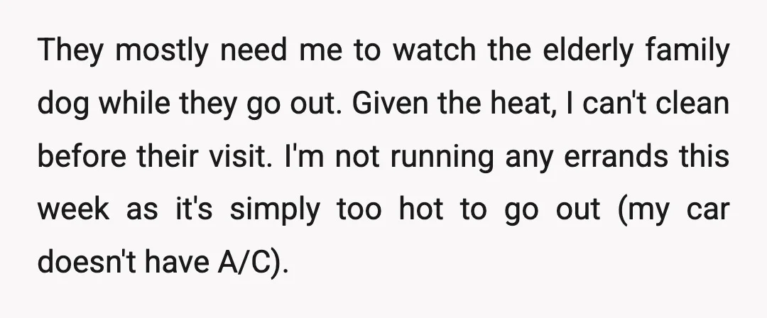 They mostly need me to watch the elderly family dog while they go out. Given the heat, I can't clean before their visit. I'm not running any errands this week...