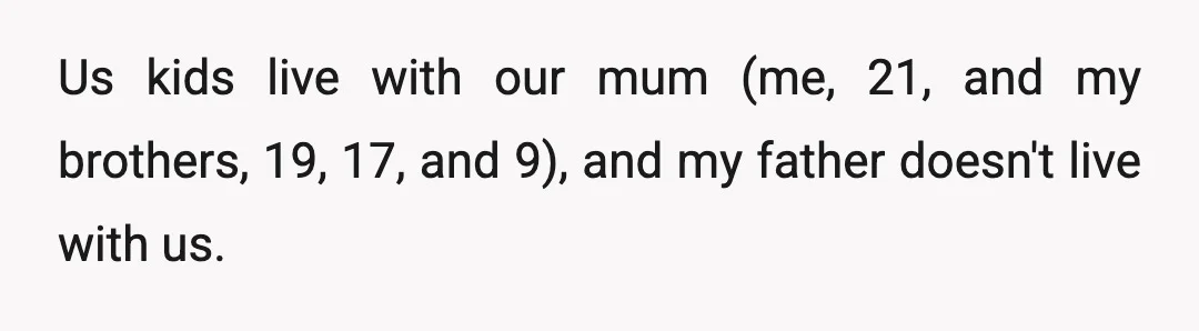 Us kids live with our mum (me, 21, and my brothers, 19, 17, and 9), and my father doesn't live with us.