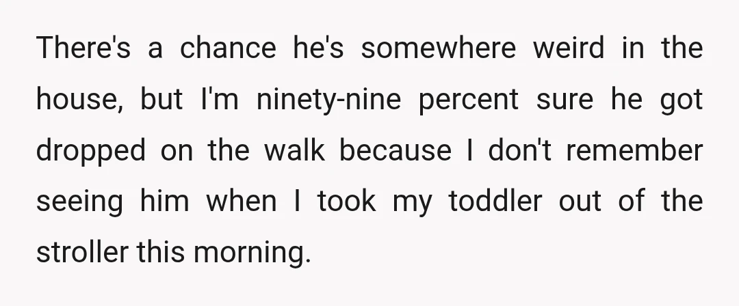 There's a chance he's somewhere weird in the house, but I'm ninety-nine percent sure he got dropped on the walk because I don't remember seeing him when I took my...