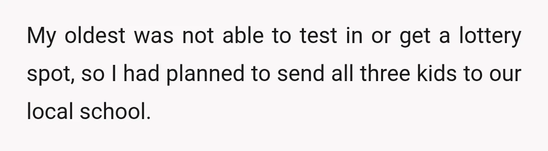 My oldest was not able to test in or get a lottery spot, so I had planned to send all three kids to our local school.