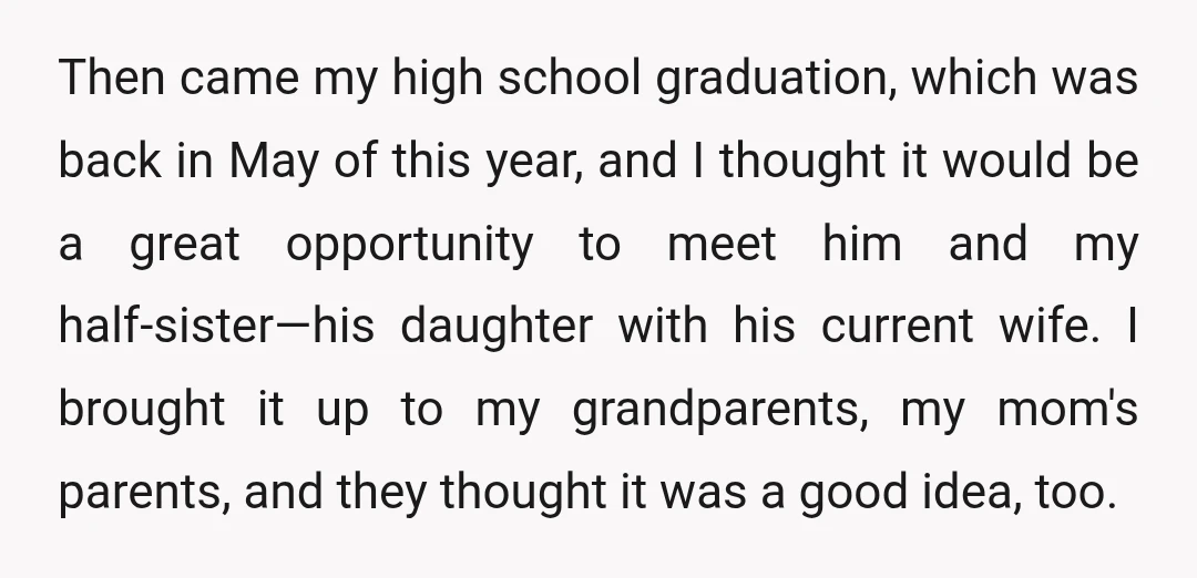 Then came my high school graduation, which was back in May of this year, and I thought it would be a great opportunity to meet him and my half-sister—his daughter...