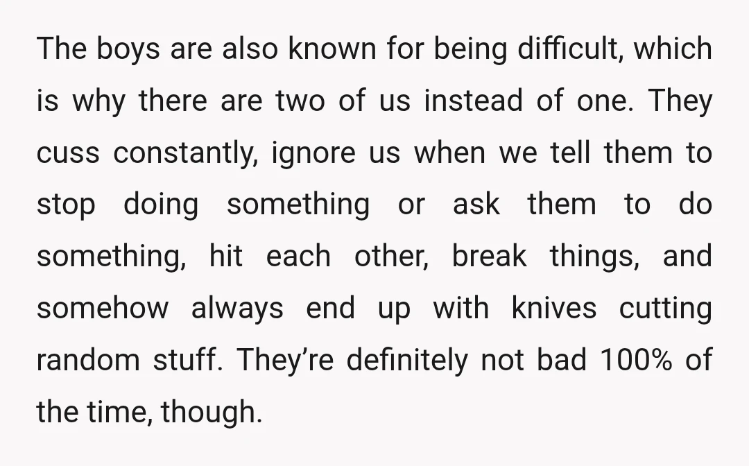 The boys are also known for being difficult, which is why there are two of us instead of one. They cuss constantly, ignore us when we tell them to stop...